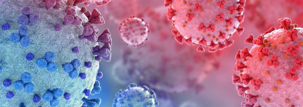 microscopic-close-up-covid-19-disease-coronavirus-illness-spreading-body-cell (Large) Microscopic close-up of the covid-19 disease. Blue and Red Coronavirus illness spreading in body cell. 2019-nCoV analysis on microscope level 3D rendering